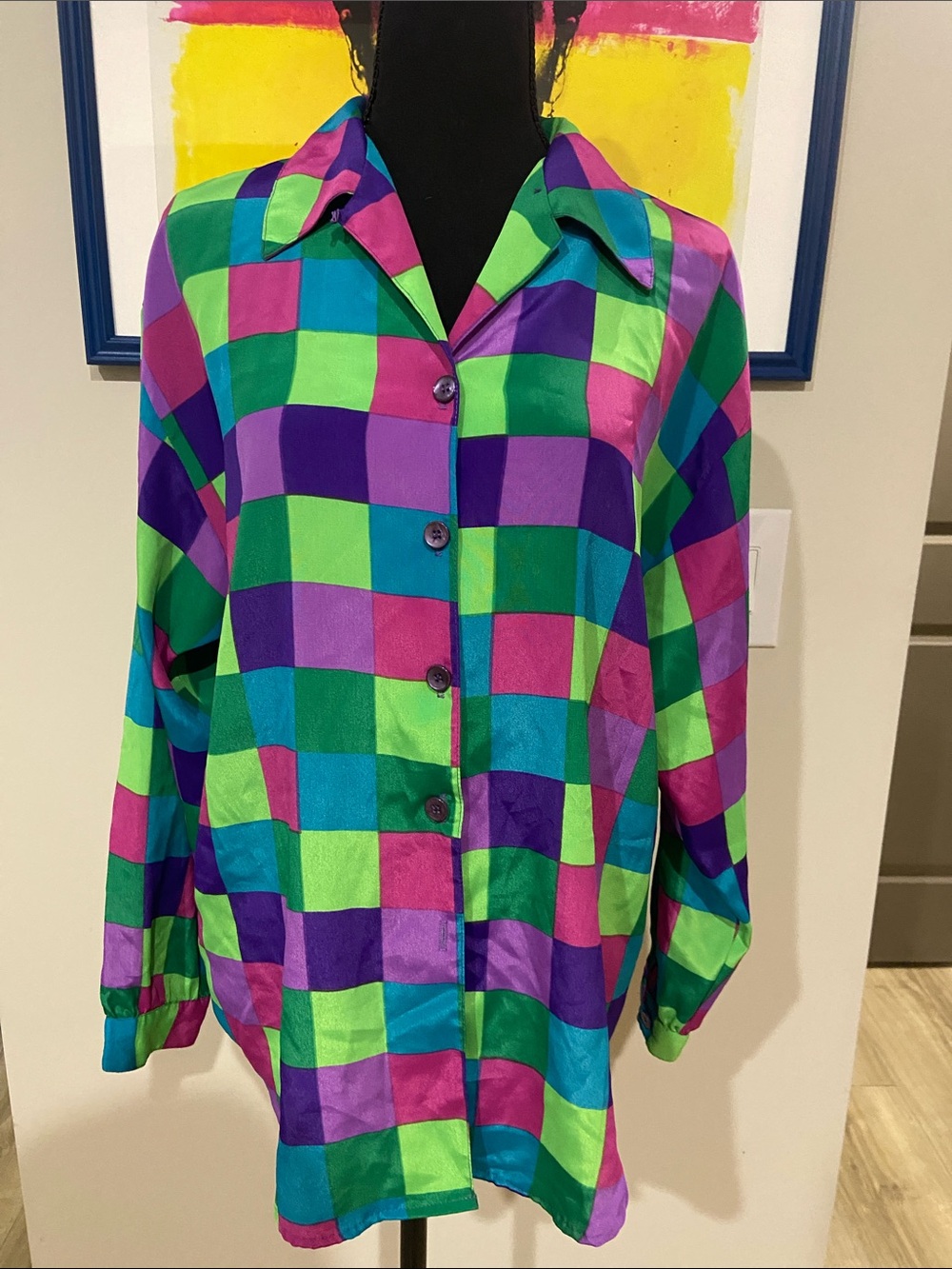 Impressions Bright Multicolor Checkered Button-Up Blouse